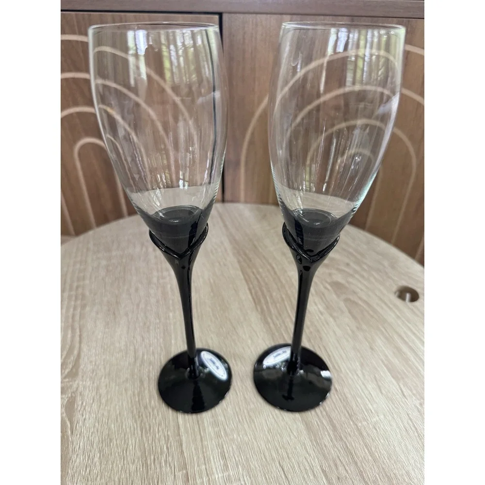 Pier 1 Black Stem - Clear Bowl - Fluted Champagne Flutes Set of 2